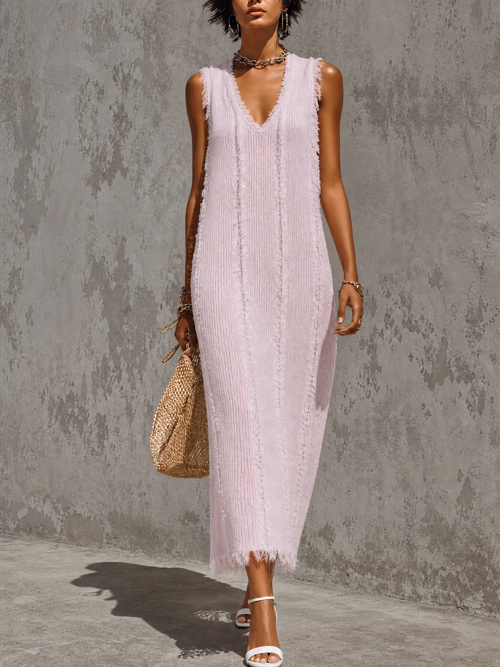 Chic Elegant Pink V-Neck Frayed Raw Edge Sleeveless Loose-Fit Knit Maxi Dress