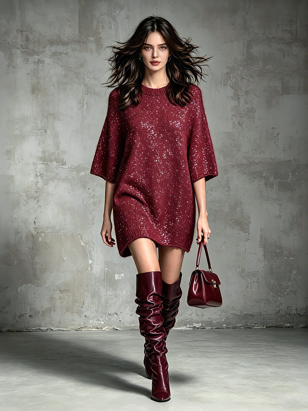 Chic Elegant Burgundy Cotton Blend Round-Neck Sequin Detail Half-Sleeve Loose-Fit Soft Knit Mini Dress