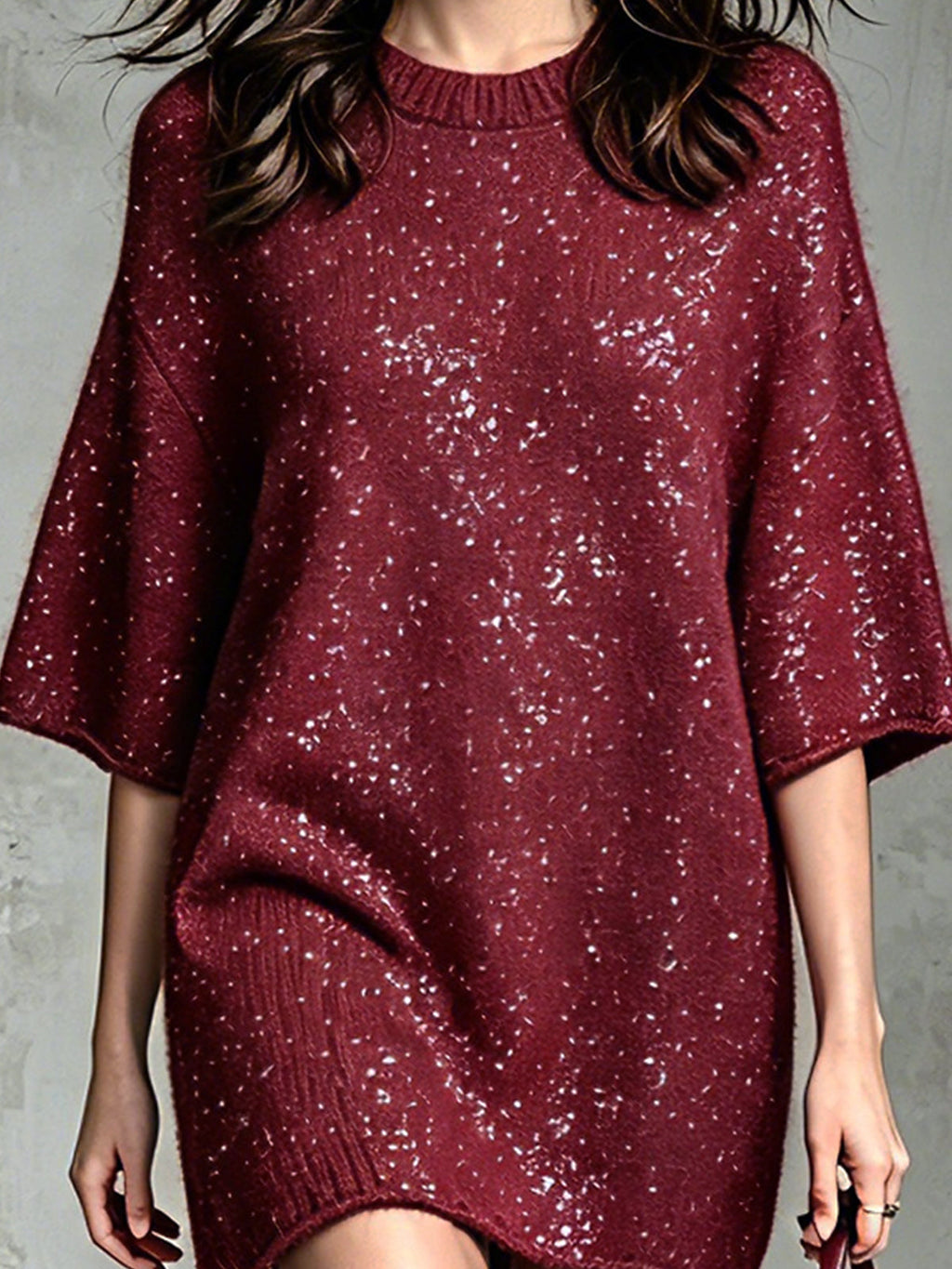Chic Elegant Burgundy Cotton Blend Round-Neck Sequin Detail Half-Sleeve Loose-Fit Soft Knit Mini Dress