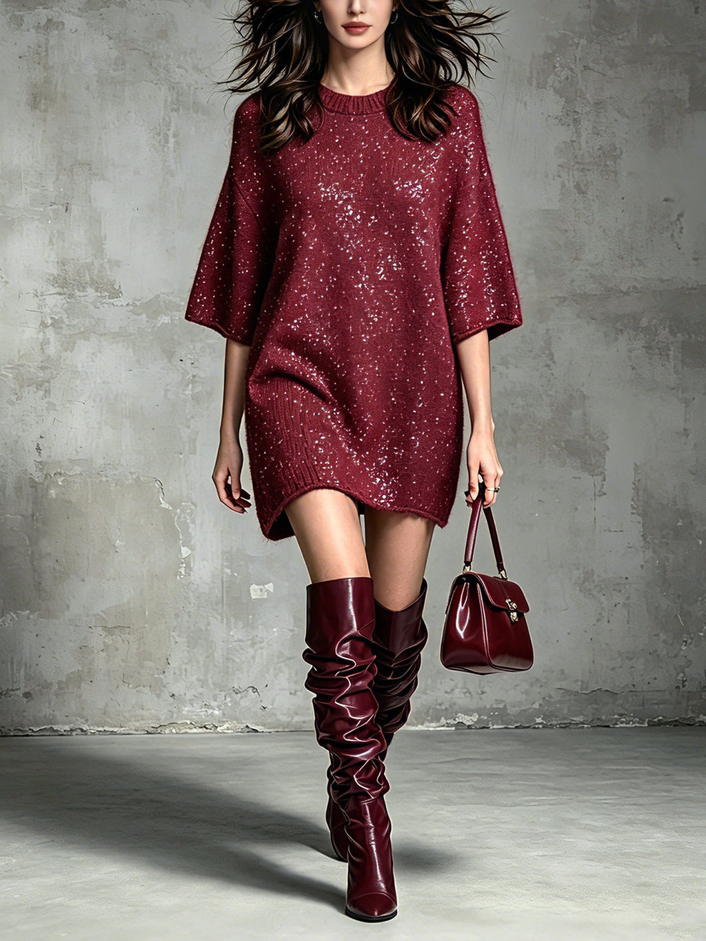 Chic Elegant Burgundy Cotton Blend Round-Neck Sequin Detail Half-Sleeve Loose-Fit Soft Knit Mini Dress