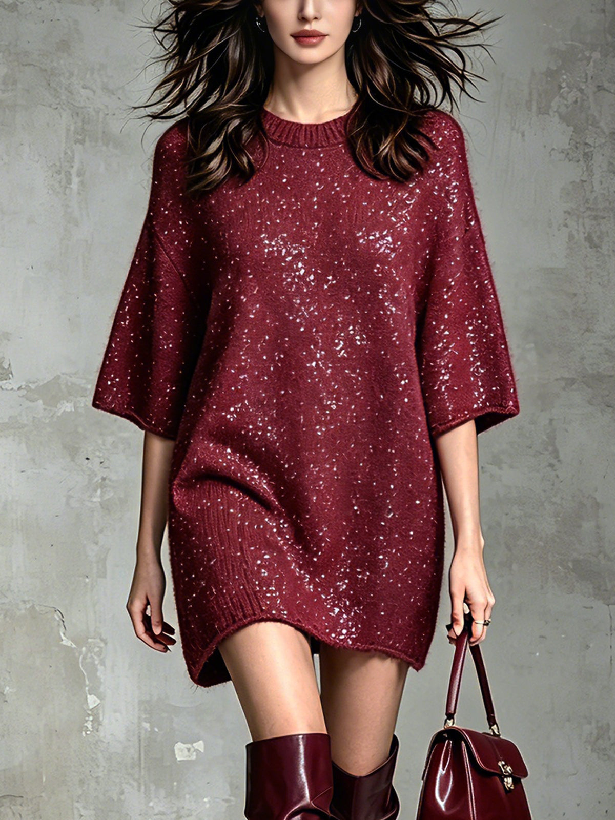 Chic Elegant Burgundy Cotton Blend Round-Neck Sequin Detail Half-Sleeve Loose-Fit Soft Knit Mini Dress