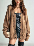 Chic Elegant Camel Cotton Blend Beading Detail Dropped Shoulder Long-Sleeve Patch Pockets Loose-Fit Soft Knit Cardigan