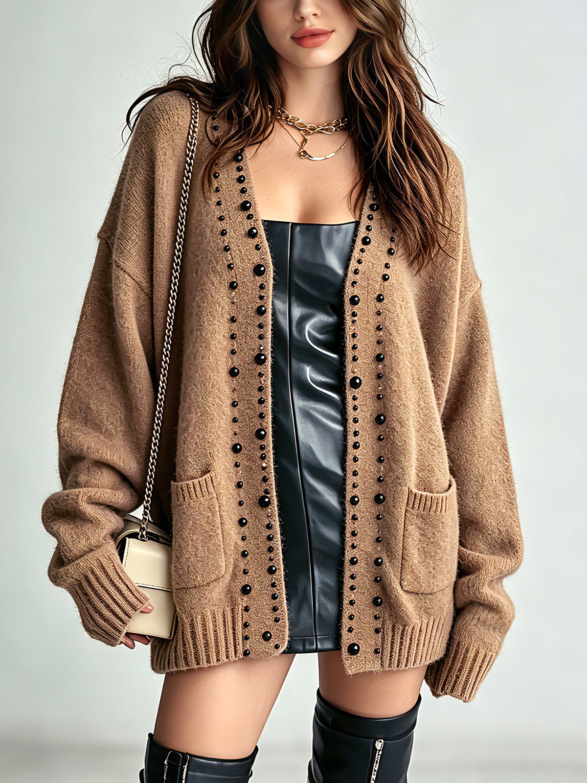 Chic Elegant Camel Cotton Blend Beading Detail Dropped Shoulder Long-Sleeve Patch Pockets Loose-Fit Soft Knit Cardigan