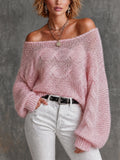 Chic Romantic Pink Off-Shoulder Long Balloon Sleeve Loose-Fit Cable Knit Sweater Top