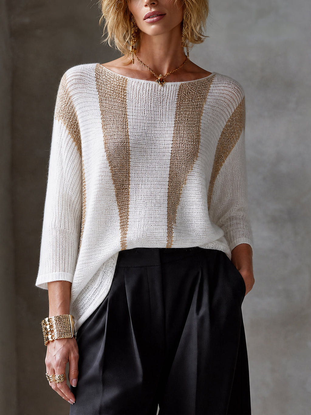 Chic Elegant White-Gold Colorblock Boat Neck Three-Quarter Sleeve Loose-Fit Knit Sweater Top