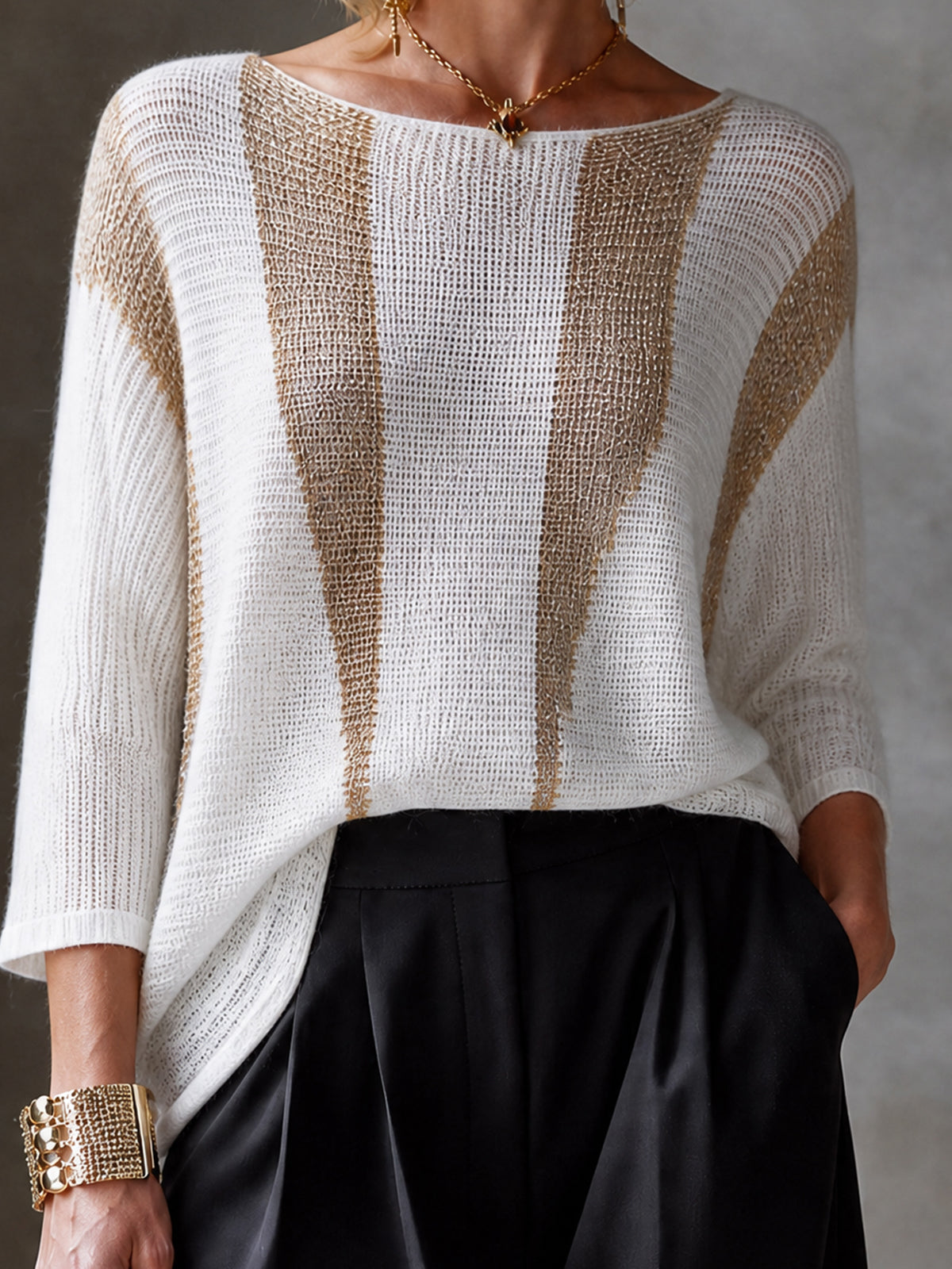 Chic Elegant White-Gold Colorblock Boat Neck Three-Quarter Sleeve Loose-Fit Knit Sweater Top