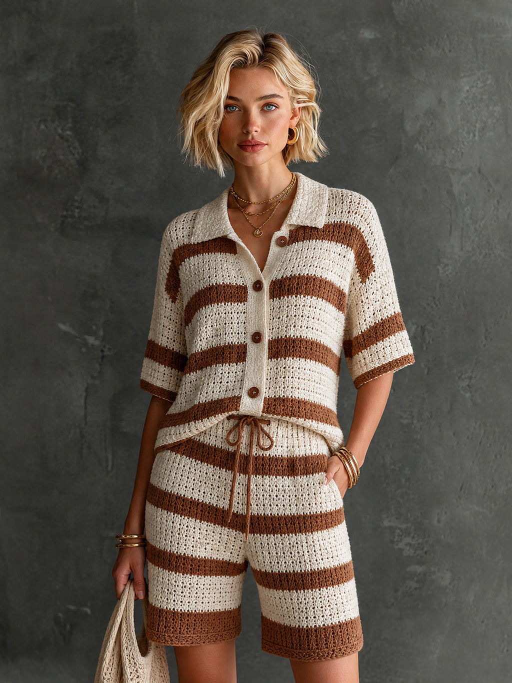 Chic Cream-Brown Colorblock Stripes Lapel Collar Single-Breasted Half Sleeve Loose-Fit Sweater Drawstring Detail Straight Shorts Knit Two Piece Set