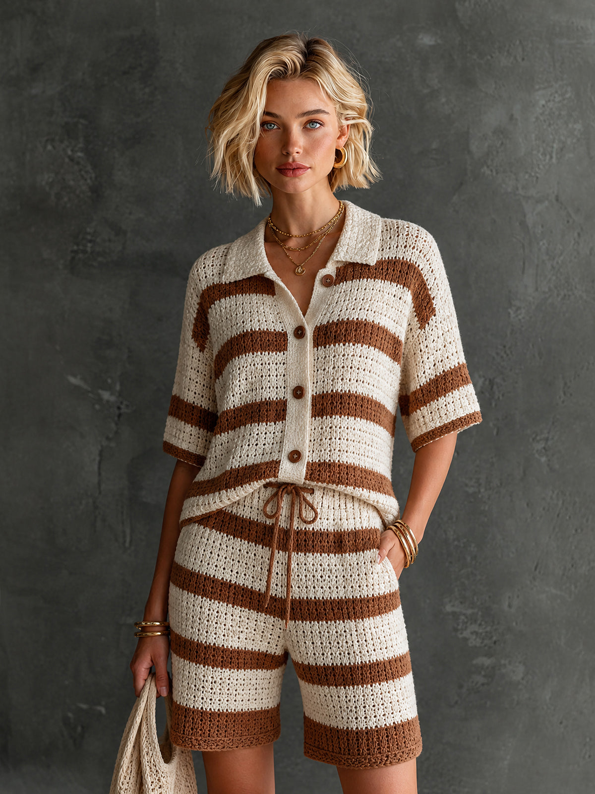 Chic Cream-Brown Colorblock Stripes Lapel Collar Single-Breasted Half Sleeve Loose-Fit Sweater Drawstring Detail Straight Shorts Knit Two Piece Set