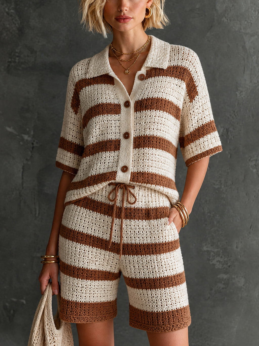 Chic Cream-Brown Colorblock Stripes Lapel Collar Single-Breasted Half Sleeve Loose-Fit Sweater Drawstring Detail Straight Shorts Knit Two Piece Set