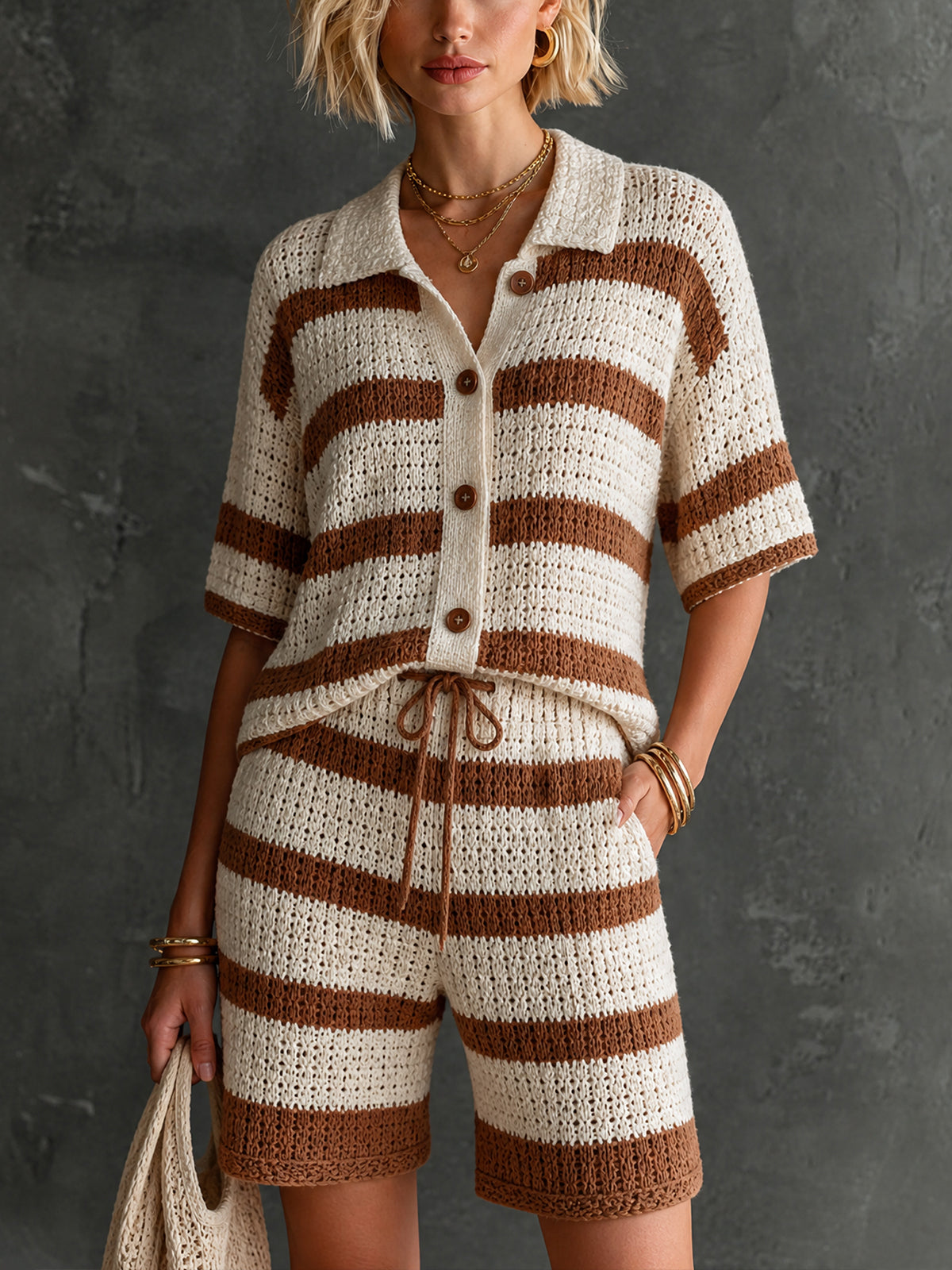Chic Cream-Brown Colorblock Stripes Lapel Collar Single-Breasted Half Sleeve Loose-Fit Sweater Drawstring Detail Straight Shorts Knit Two Piece Set