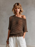 Chic Brown Off-Shoulder Frayed Edge Detail Half Sleeve Loose-Fit Mesh Knit Sweater Top