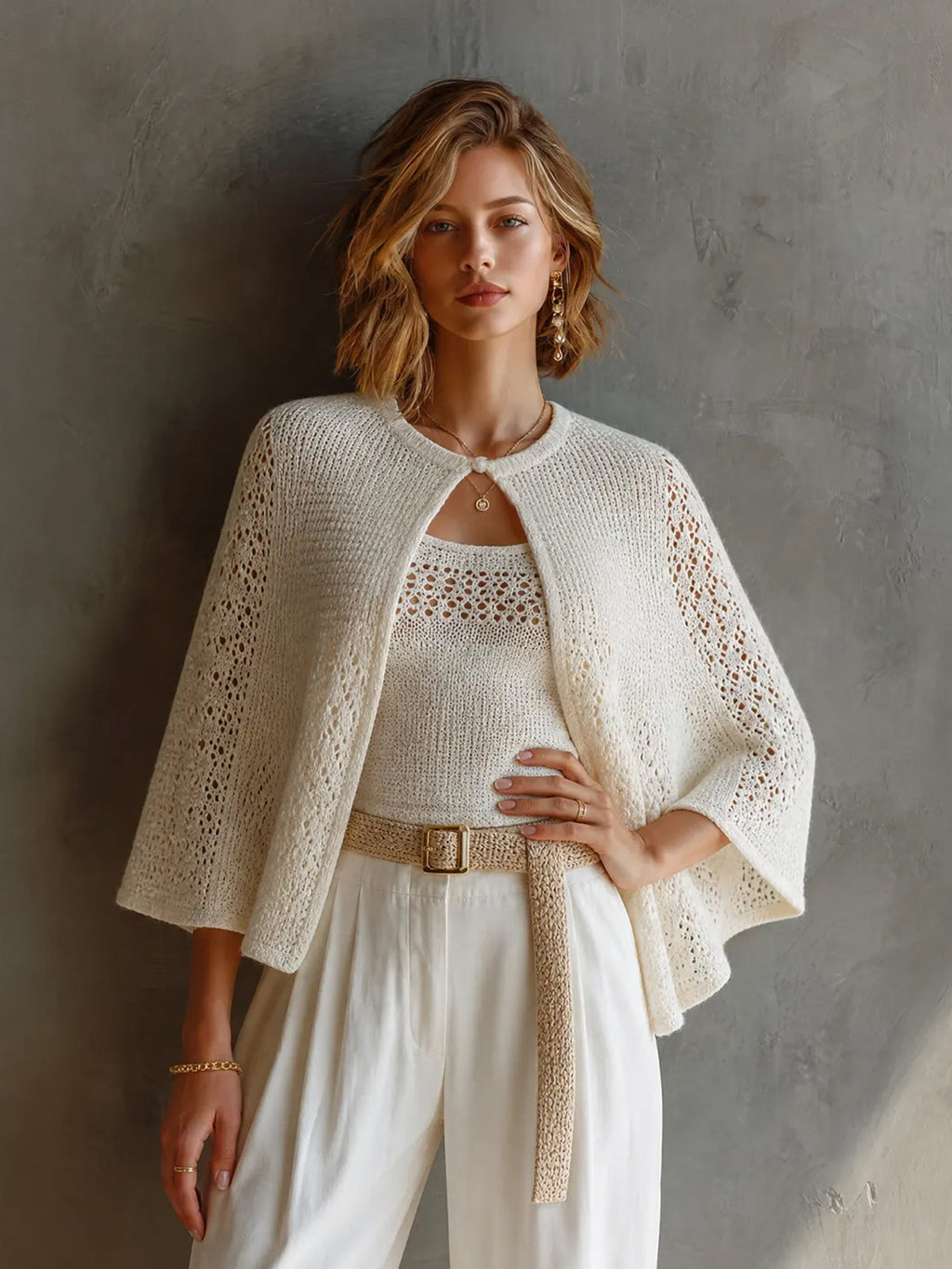 Chic Elegant White Round Neck Three-Quarter Cape Sleeve Loose-Fit Sweater U-Neck Tank Top Hollow Knit Two Piece Set