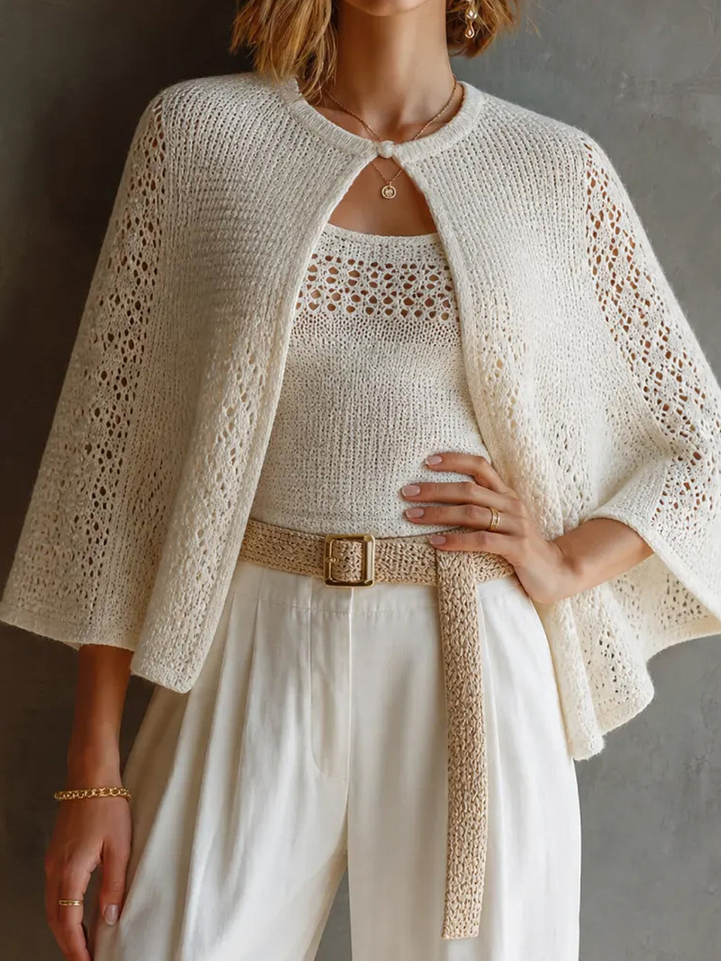 Chic Elegant White Round Neck Three-Quarter Cape Sleeve Loose-Fit Sweater U-Neck Tank Top Hollow Knit Two Piece Set
