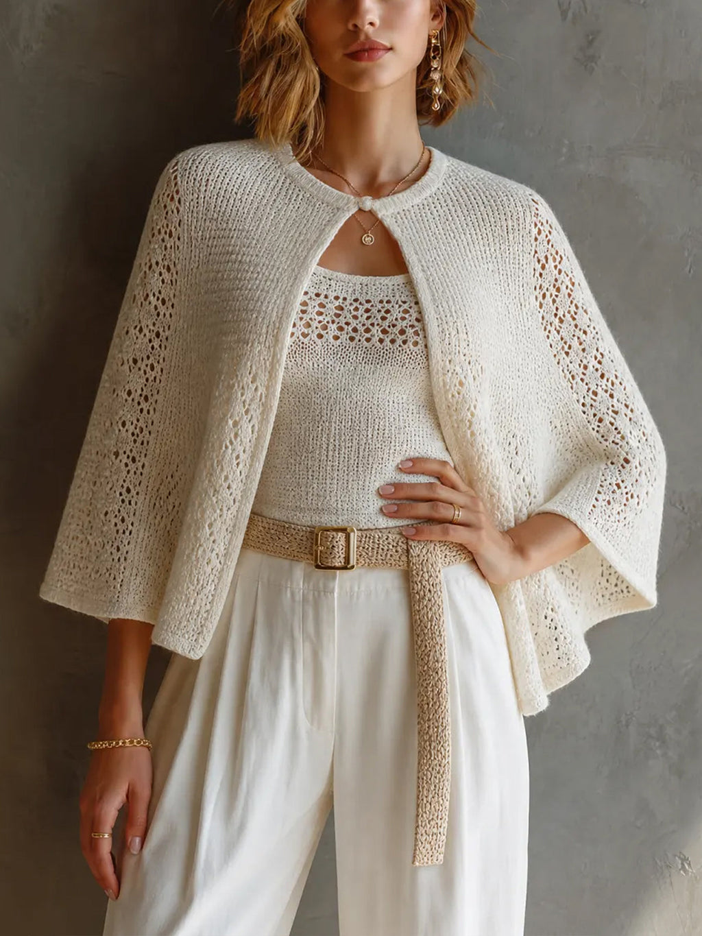 Chic Elegant White Round Neck Three-Quarter Cape Sleeve Loose-Fit Sweater U-Neck Tank Top Hollow Knit Two Piece Set