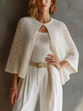 Chic Elegant White Round Neck Three-Quarter Cape Sleeve Loose-Fit Sweater U-Neck Tank Top Hollow Knit Two Piece Set