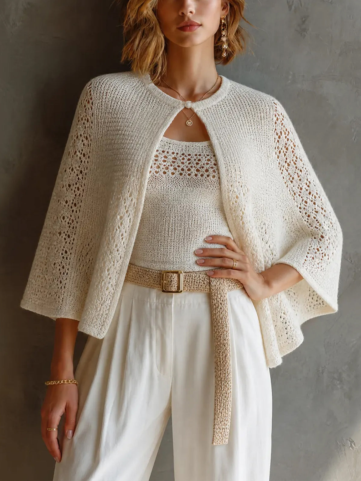 Chic Elegant White Round Neck Three-Quarter Cape Sleeve Loose-Fit Sweater U-Neck Tank Top Hollow Knit Two Piece Set