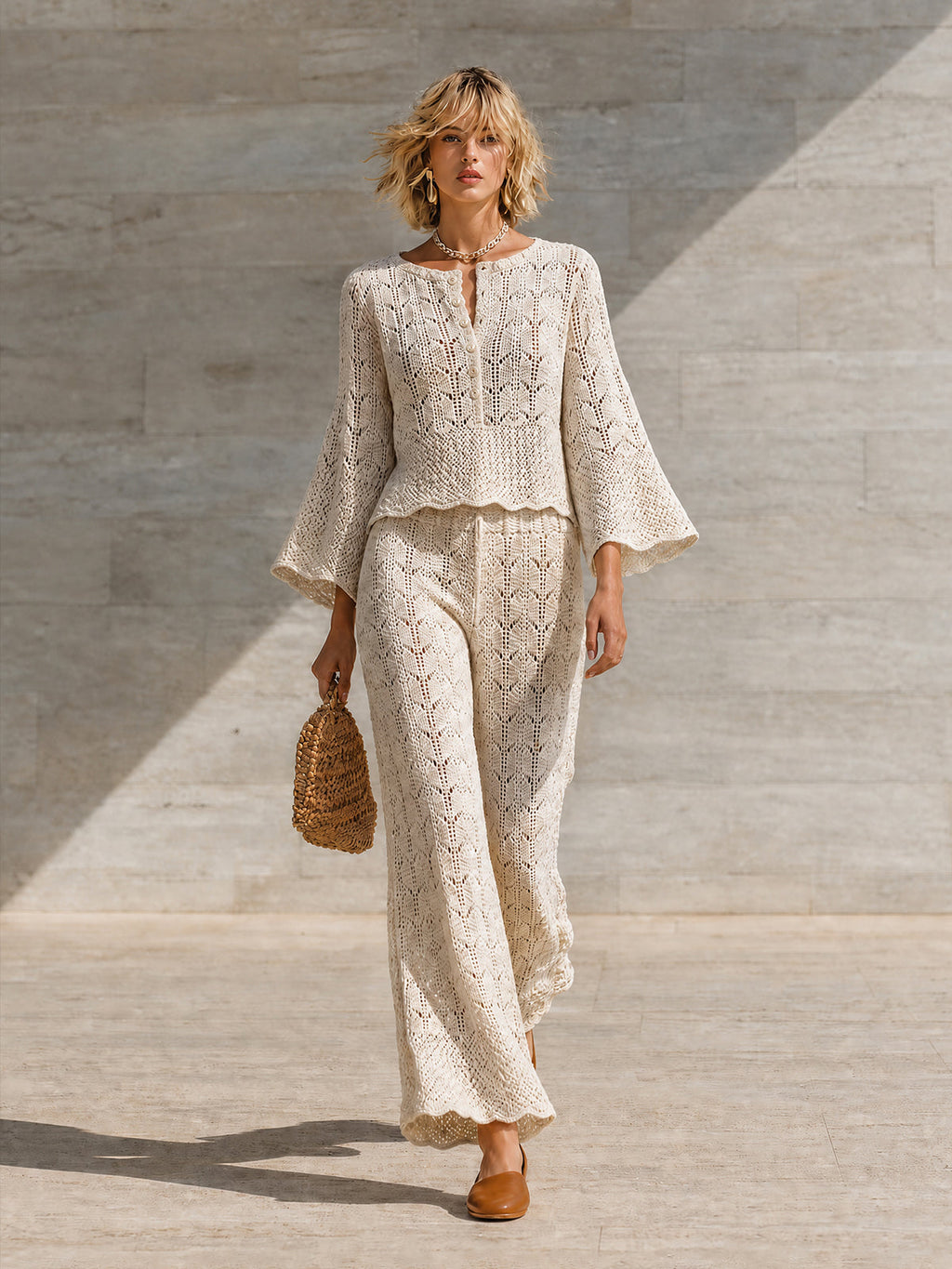Chic Elegant Cream Round Neck Button Detail Three-Quarter Bell Sleeve Loose-Fit Sweater Wide Leg Trousers Mesh Knit Two Piece Pants Set