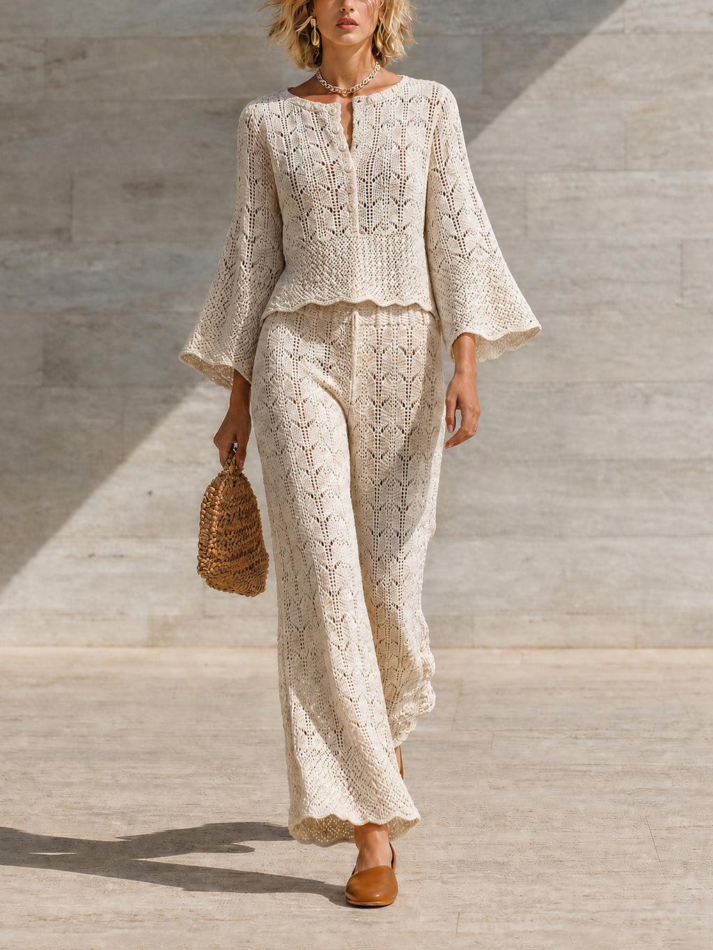 Chic Elegant Cream Round Neck Button Detail Three-Quarter Bell Sleeve Loose-Fit Sweater Wide Leg Trousers Mesh Knit Two Piece Pants Set
