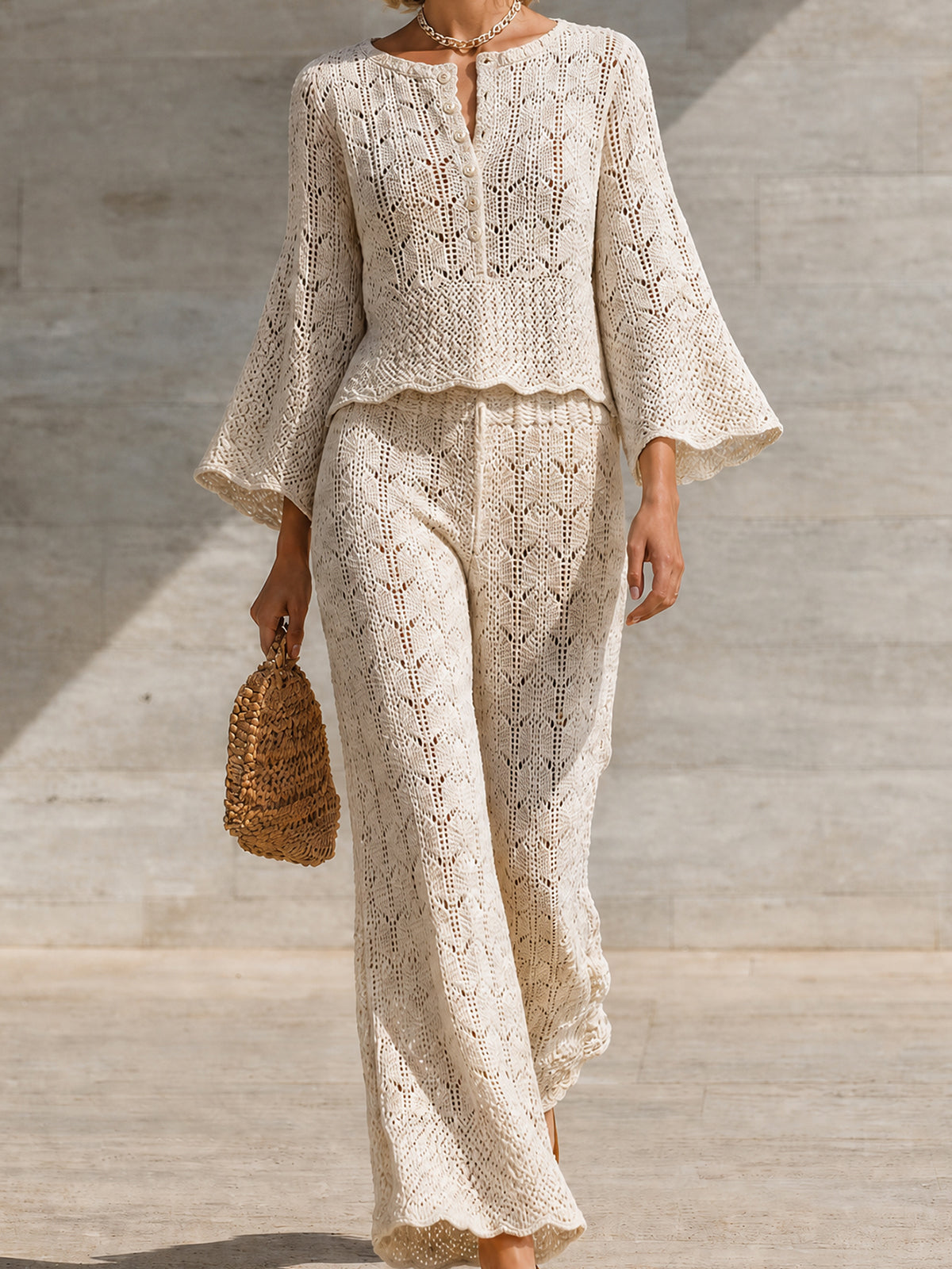 Chic Elegant Cream Round Neck Button Detail Three-Quarter Bell Sleeve Loose-Fit Sweater Wide Leg Trousers Mesh Knit Two Piece Pants Set