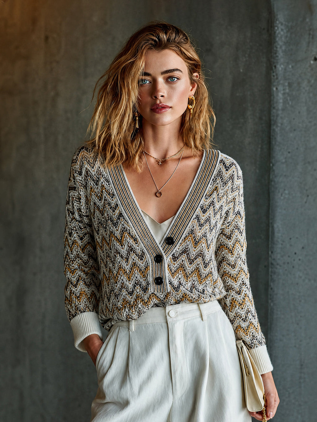 Chic Retro White-Brown-Yellow Colorblock V-Neck Button Detail Three-Quarter Sleeve Chevron Jacquard Loose-Fit Knit Sweater Top