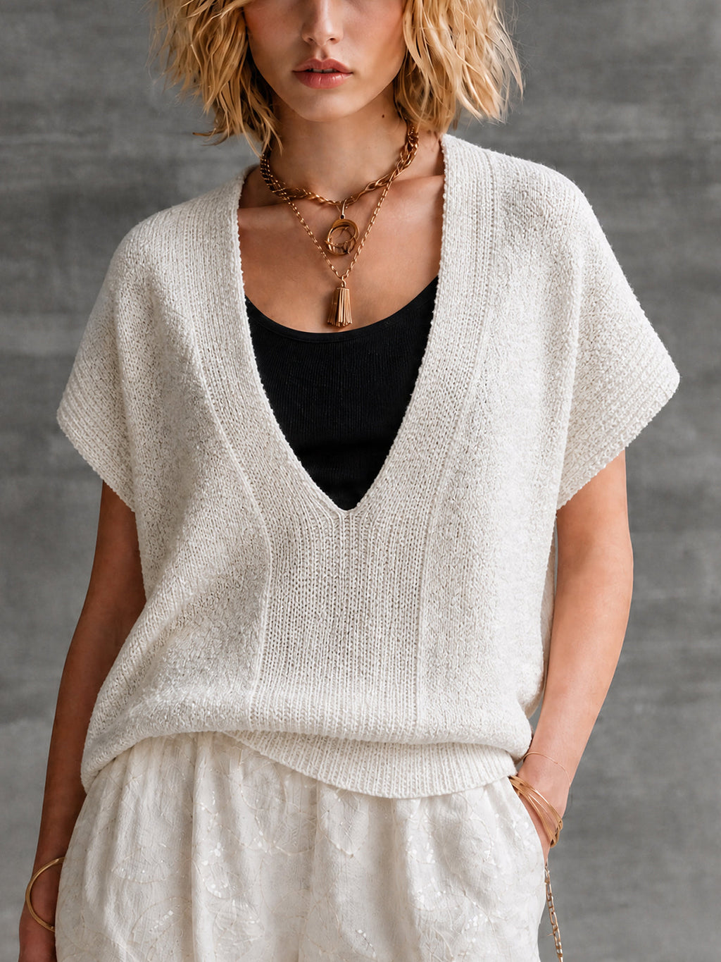 Chic Casual Off-White V-Neck Batwing Half Sleeve Loose-Fit Knit Sweater Top