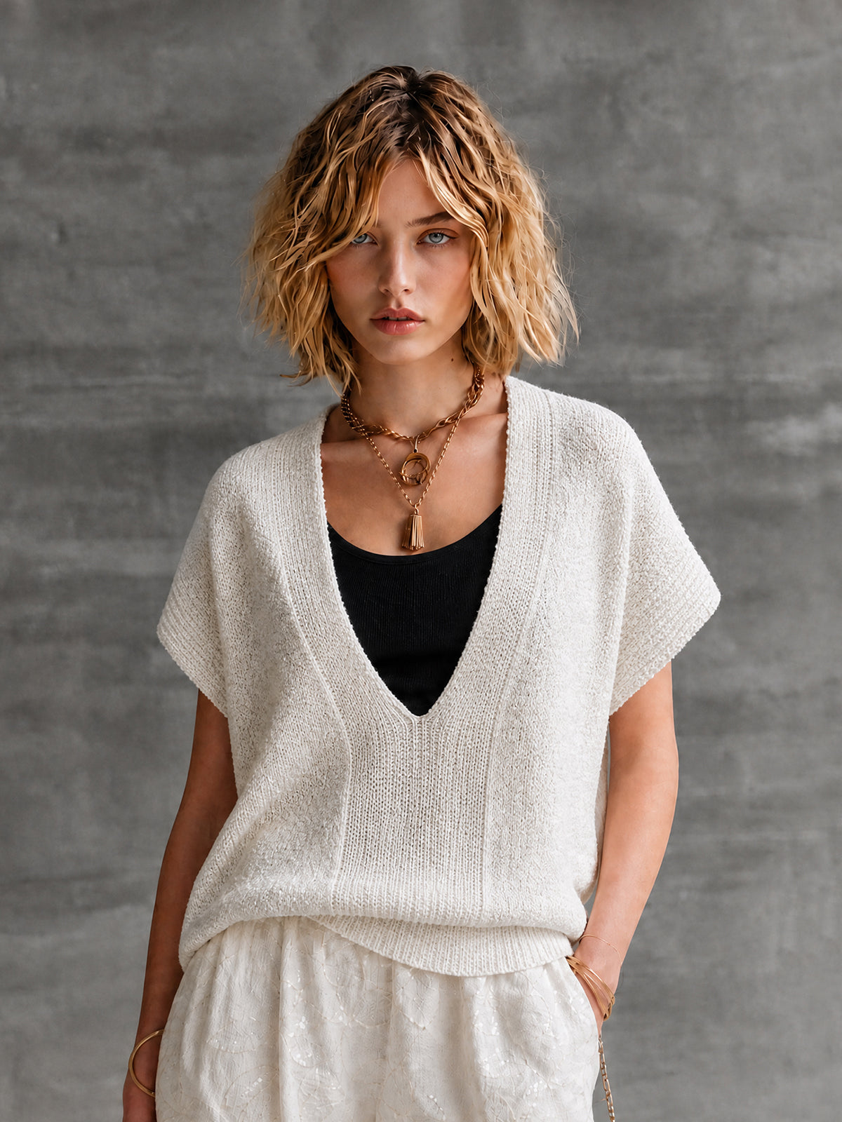 Chic Casual Off-White V-Neck Batwing Half Sleeve Loose-Fit Knit Sweater Top