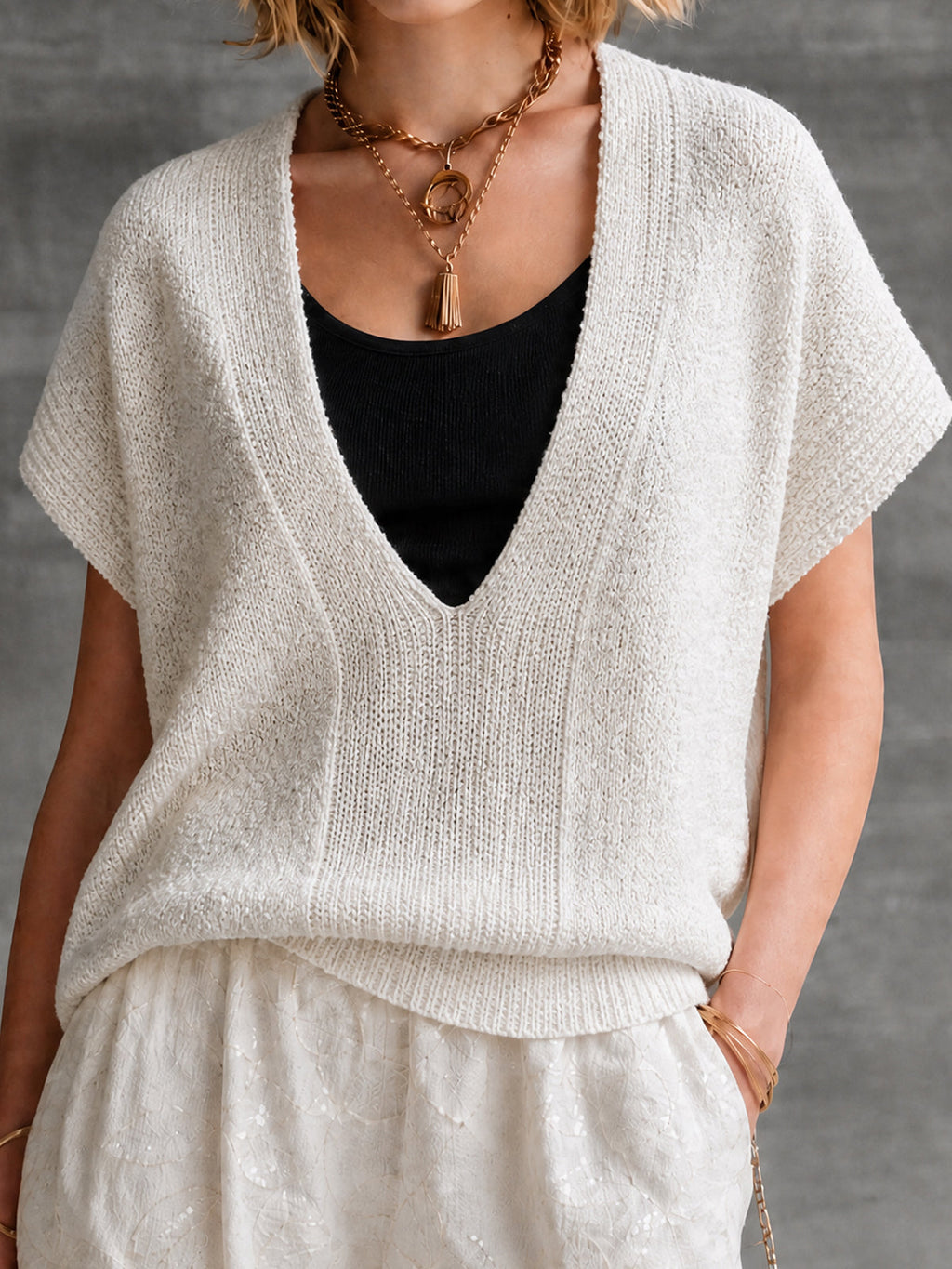 Chic Casual Off-White V-Neck Batwing Half Sleeve Loose-Fit Knit Sweater Top