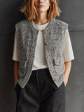 Chic Casual Marled Gray Round Neck Single-Breasted Pocket Detail Sleeveless Loose-Fit Knit Cardigan Top