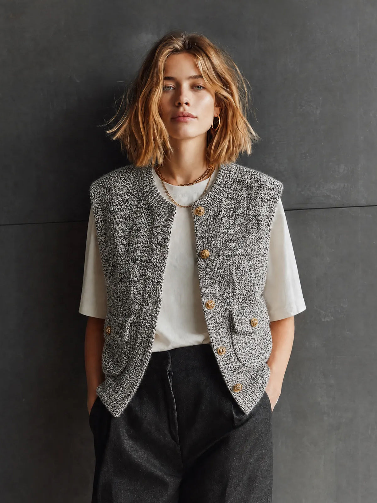 Chic Casual Marled Gray Round Neck Single-Breasted Pocket Detail Sleeveless Loose-Fit Knit Cardigan Top