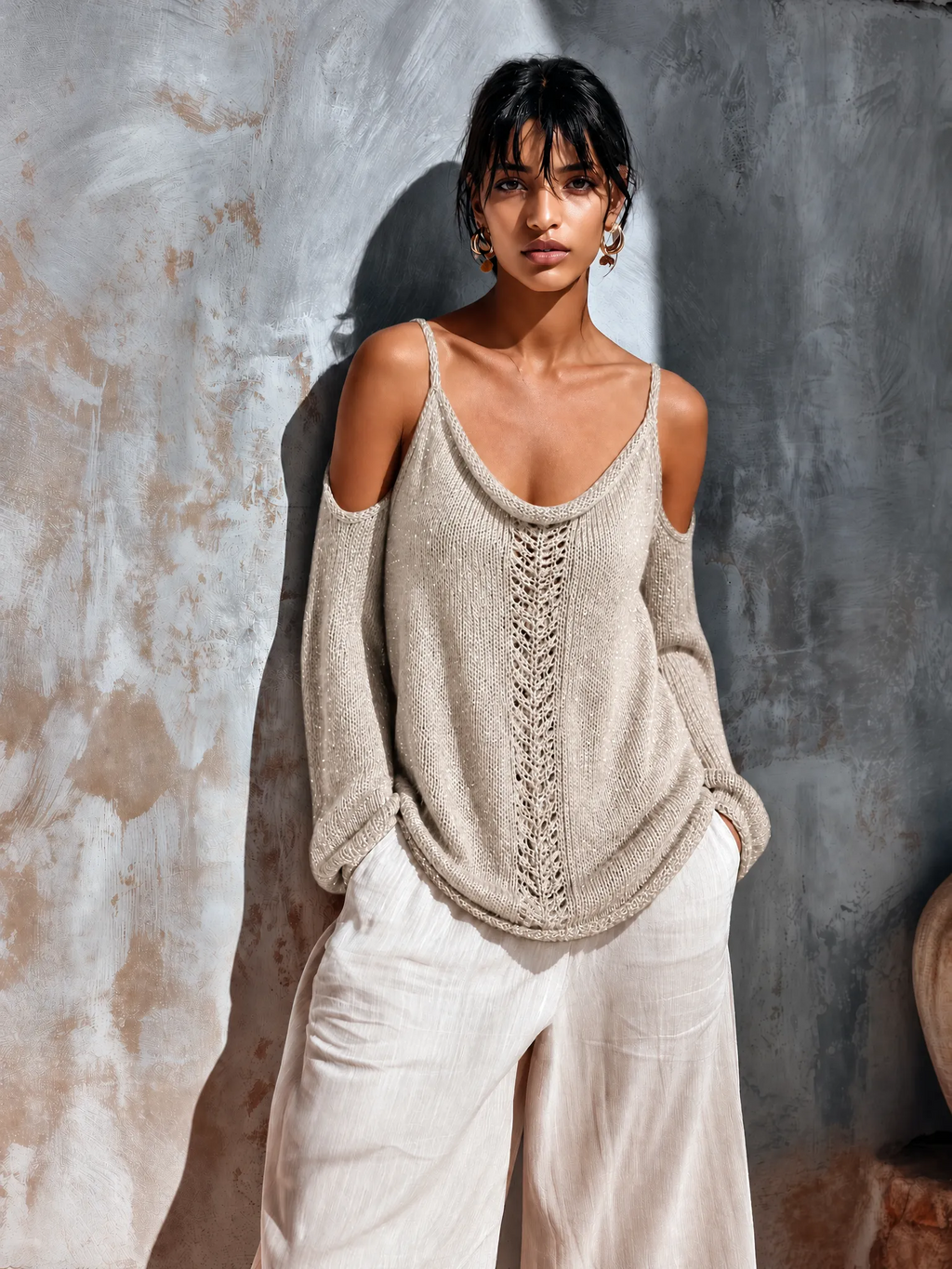 Chic Casual Oatmeal Spaghetti Strap Cold Shoulder Pointelle Open Long Sleeves Loose-Fit Knit Sweater Top