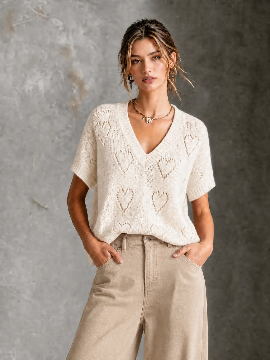 Chic Casual White V-Neck Heart Pointelle Ope Short-Sleev Loose-Fit Knit Sweater Top
