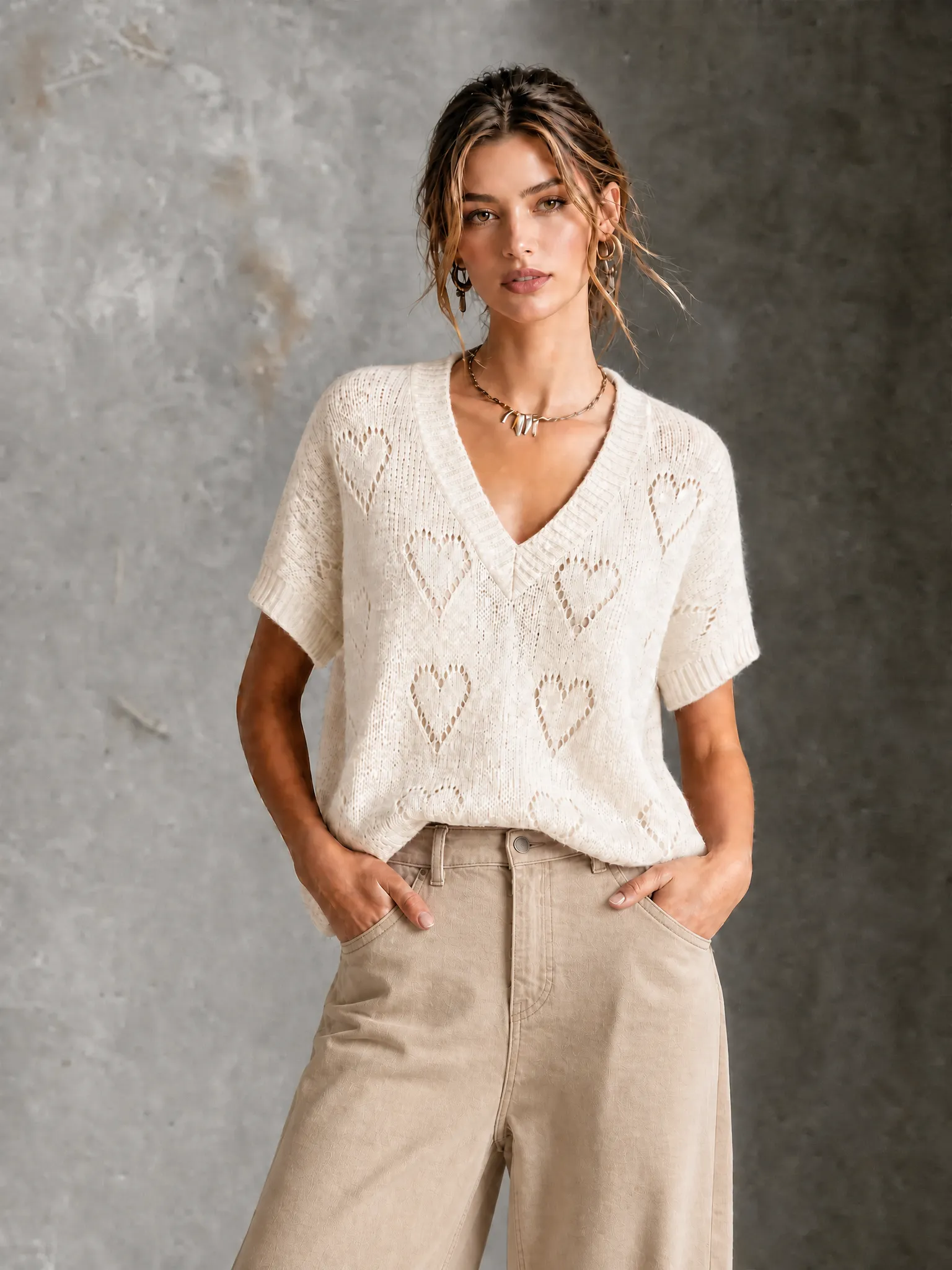 Chic Casual White V-Neck Heart Pointelle Ope Short-Sleev Loose-Fit Knit Sweater Top