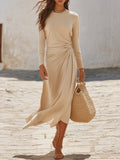 Neutral Coastal Resort Smooth Knit Long Sleeve Crew Neck Top Wrapped Ruched Midi Skirt Set