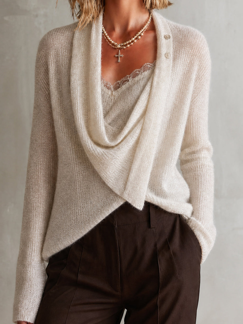 Chic Elegant White-Gold Melange Asymmetry Cowl Neck Button Detail Long-Sleeve Loose-Fit Button Detail Knit Sweater Top