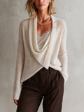 Chic Elegant White-Gold Melange Asymmetry Cowl Neck Button Detail Long-Sleeve Loose-Fit Button Detail Knit Sweater Top