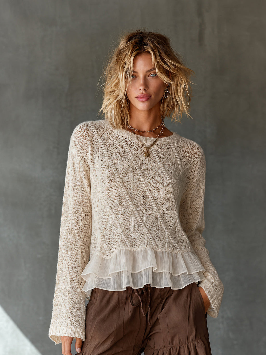 Chic Elegant Cream Round Neck Argly Pattern Chiffon Patchwork Ruffle Hem Long-Sleeve Loose-Fit Knit Sweater Top