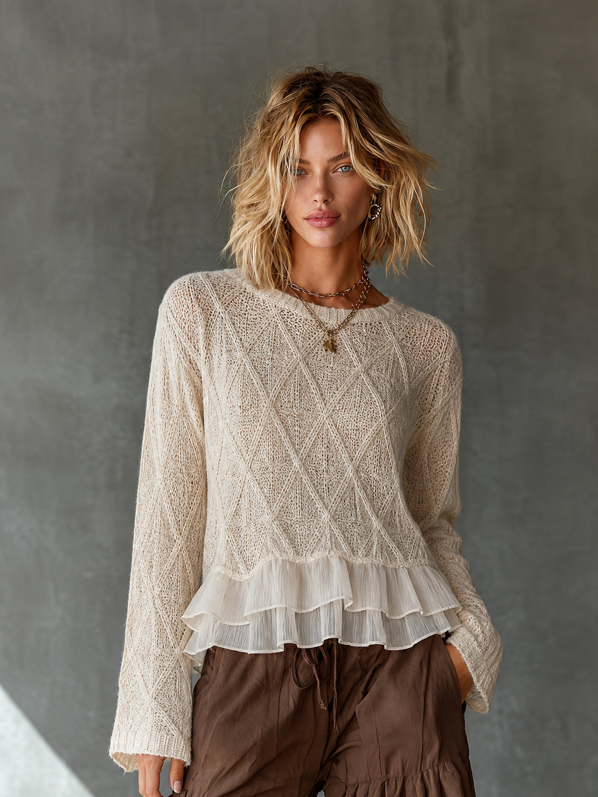Chic Elegant Cream Round Neck Argly Pattern Chiffon Patchwork Ruffle Hem Long-Sleeve Loose-Fit Knit Sweater Top