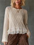 Chic Elegant Cream Round Neck Argly Pattern Chiffon Patchwork Ruffle Hem Long-Sleeve Loose-Fit Knit Sweater Top