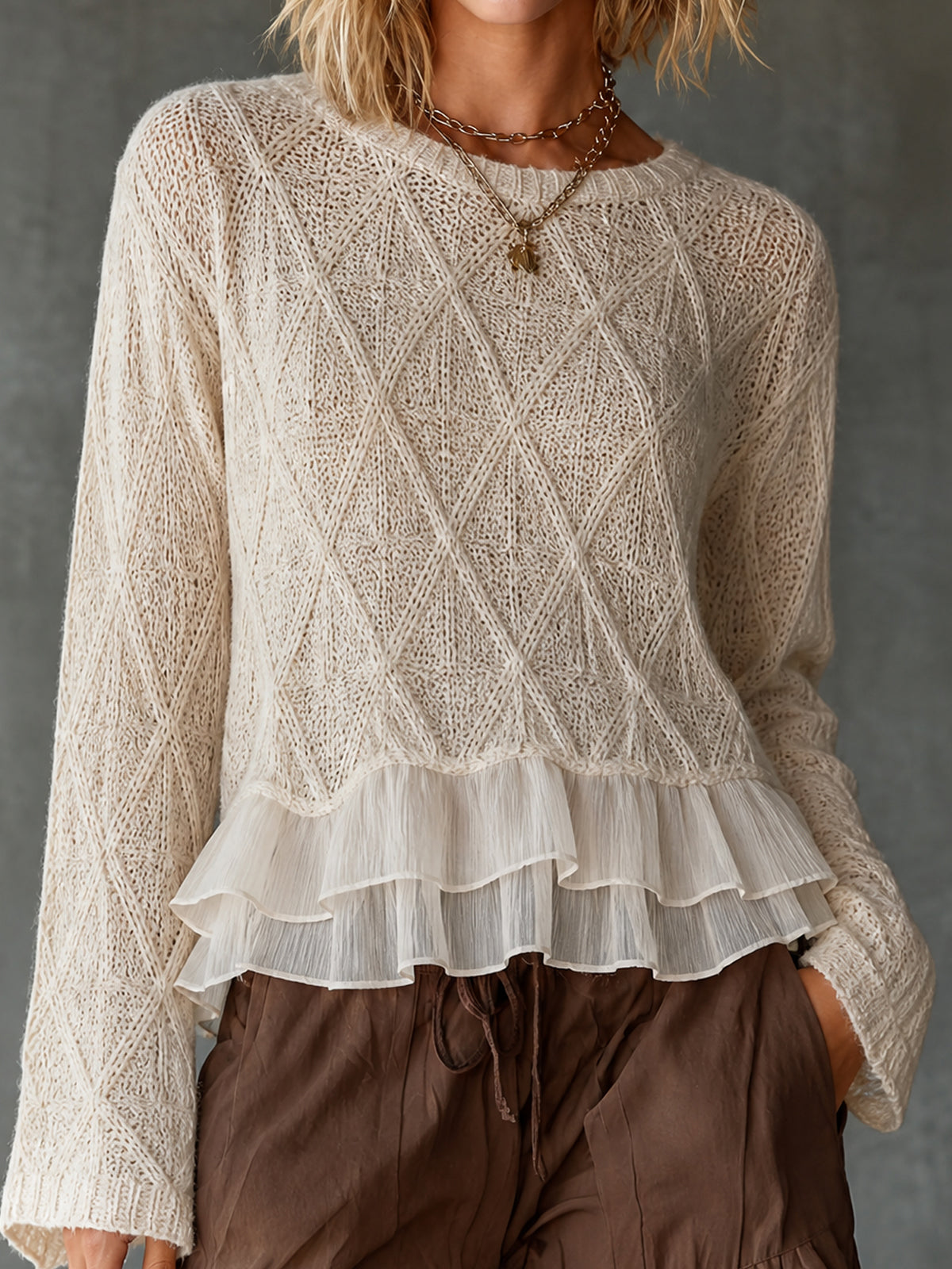 Chic Elegant Cream Round Neck Argly Pattern Chiffon Patchwork Ruffle Hem Long-Sleeve Loose-Fit Knit Sweater Top