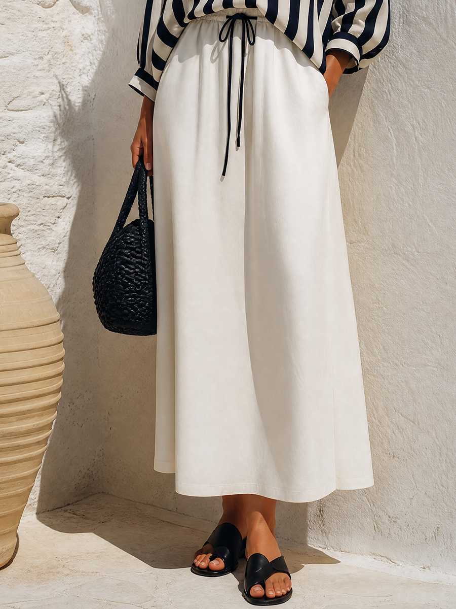 Women's Casual Striped Half-Button Henley Shirt And Drawstring Wide-Leg Maxi Skirt Two-Piece Set
