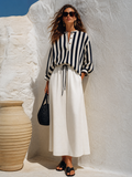 Women's Casual Striped Half-Button Henley Shirt And Drawstring Wide-Leg Maxi Skirt Two-Piece Set