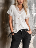 Chic Casual White V-Neck Lace Trim Wave Pointelle Open Short Sleeve Loose-Fit Knit Sweater Top