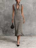 Chic Marled Grey Stand Collar V-Neck Tassel Detail Sleeveless Slim-Fit Knit Midi Dress