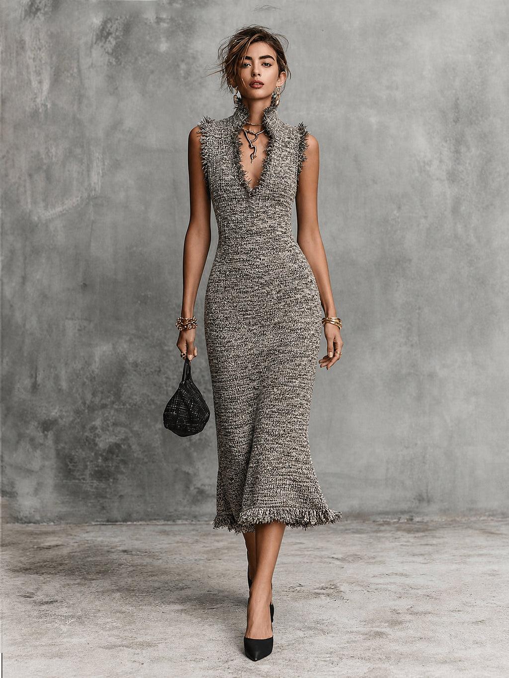 Chic Marled Grey Stand Collar V-Neck Tassel Detail Sleeveless Slim-Fit Knit Midi Dress
