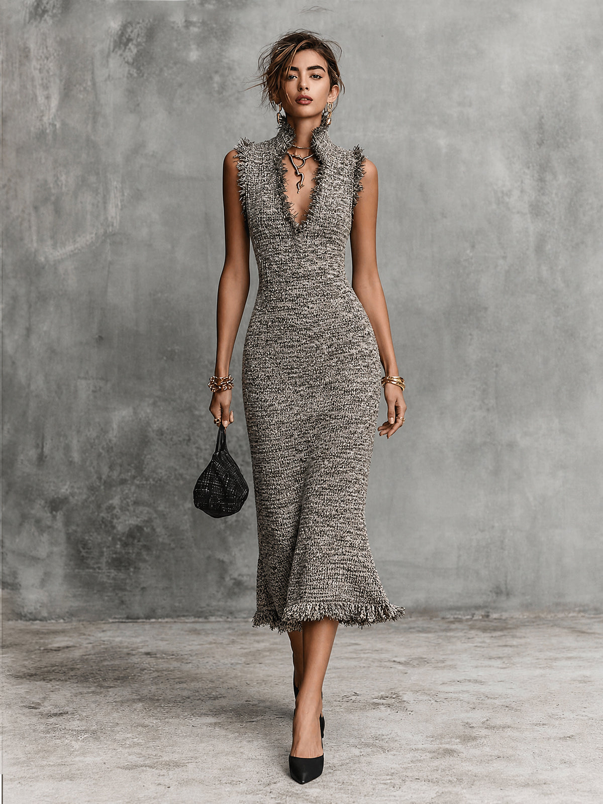 Chic Marled Grey Stand Collar V-Neck Tassel Detail Sleeveless Slim-Fit Knit Midi Dress