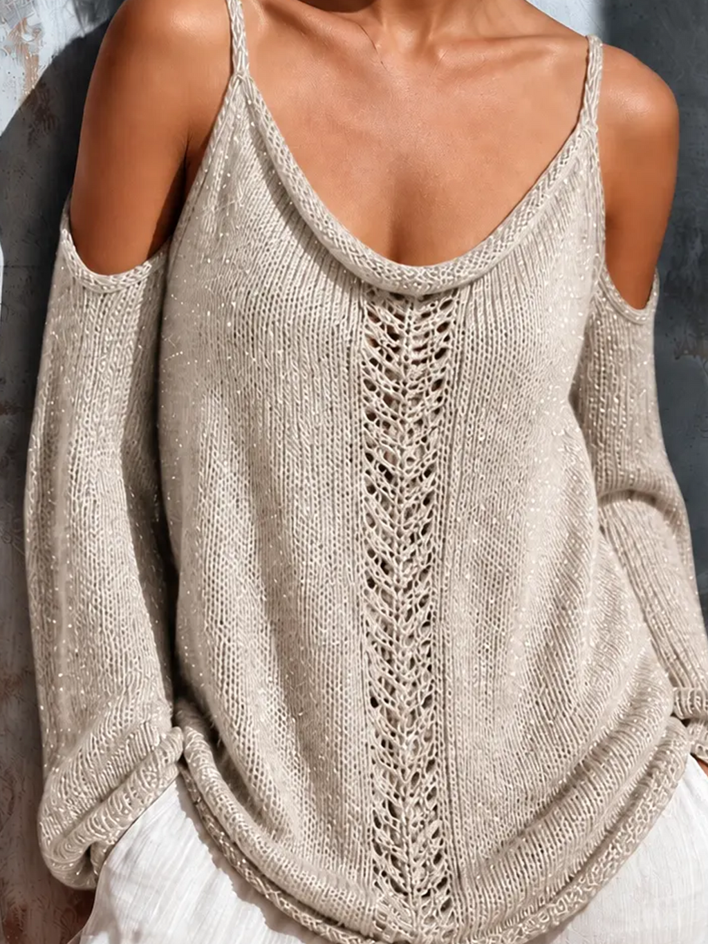 Chic Casual Oatmeal Spaghetti Strap Cold Shoulder Pointelle Open Long Sleeves Loose-Fit Knit Sweater Top