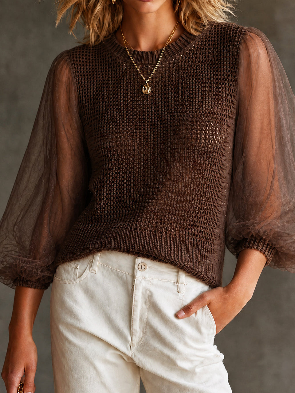 Chic Casual Brown Round Neck Patchwork Organza Three-Quarter Puff Sleeve Loose-Fit Knit Sweater Top