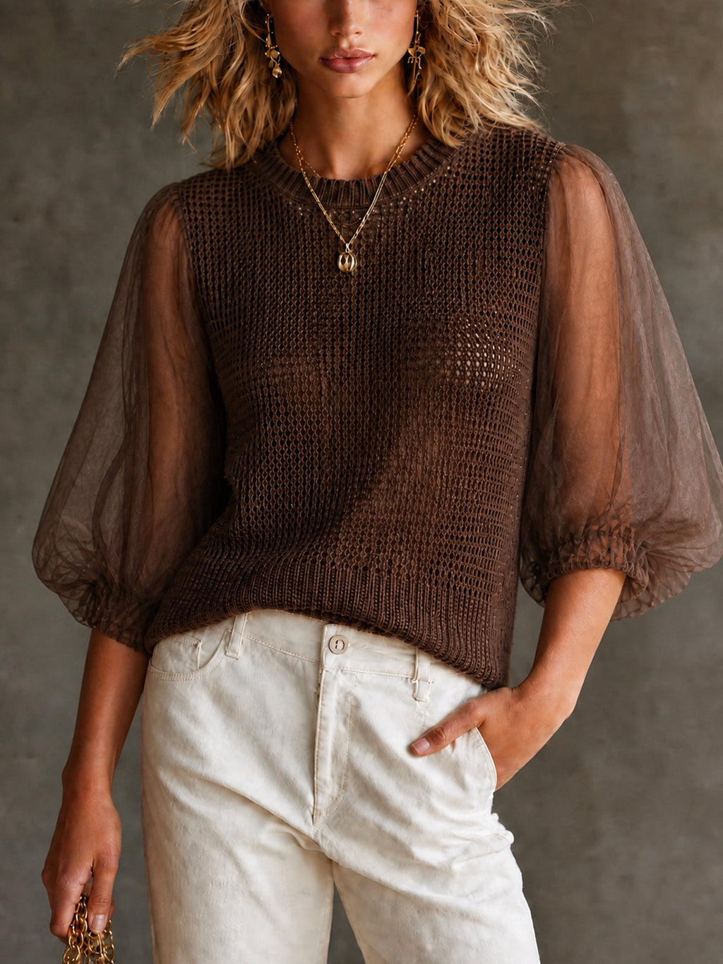 Chic Casual Brown Round Neck Patchwork Organza Three-Quarter Puff Sleeve Loose-Fit Knit Sweater Top
