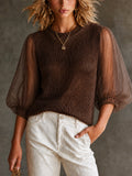 Chic Casual Brown Round Neck Patchwork Organza Three-Quarter Puff Sleeve Loose-Fit Knit Sweater Top