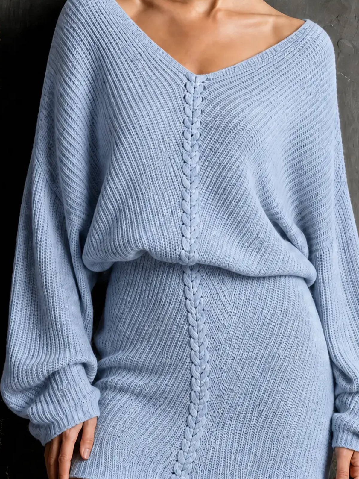 Chic Elegant Blue V Neck Long Sleeve Loose-Fit Cable Detail Knit Mini Dress